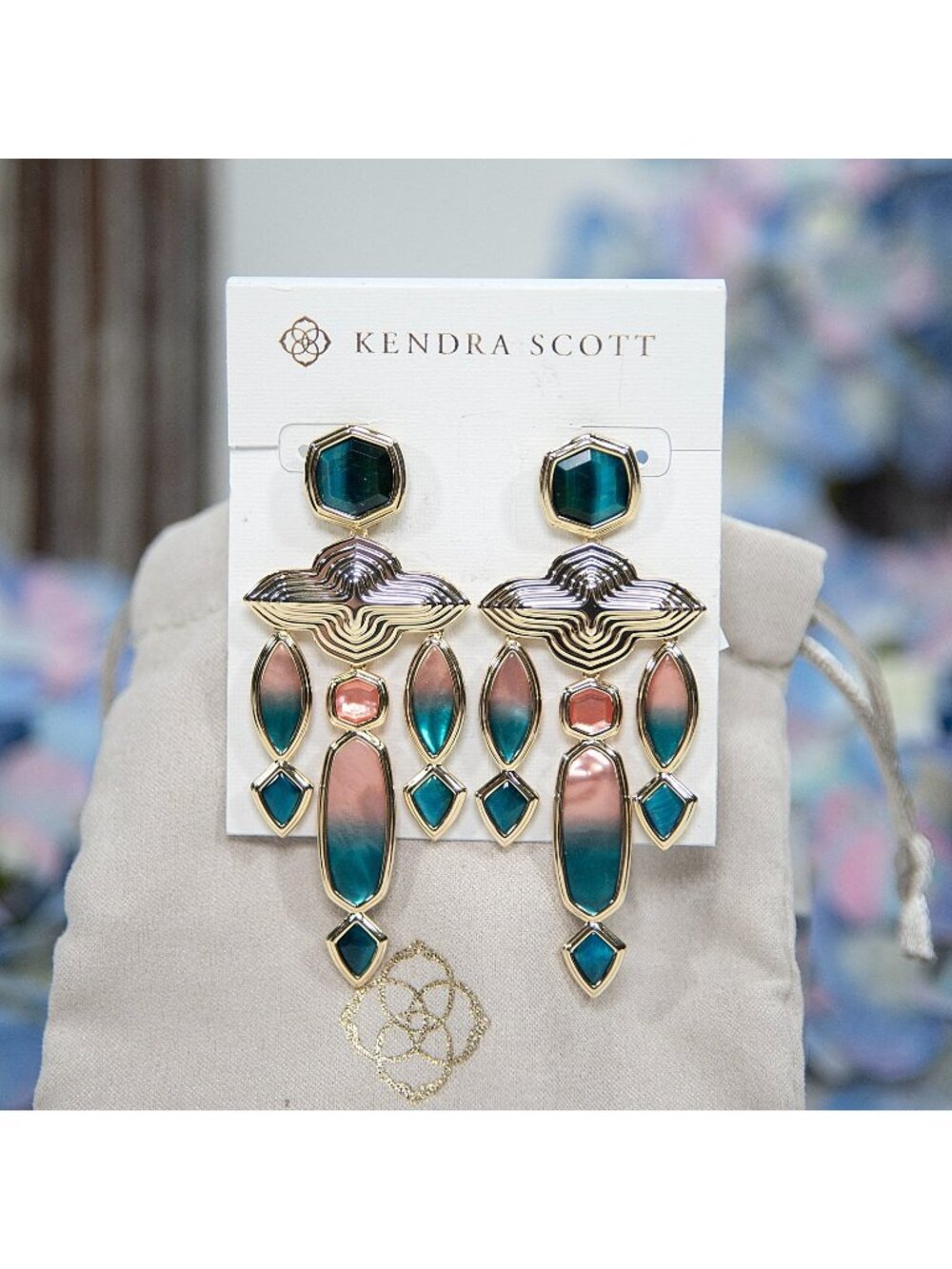 Kendra Scott Monica Gold Teal Tiger's Eye Statement Ombre Earrings NWT $198